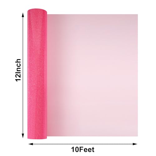 Image of FUNKAKA Glitter Fluorescent Pink HTV Heat Transfer Vinyl Rolls, 12 inch x 10ft PU Iron on Vinyl for T-Shirts, Glitter HTV Vinyl for All Cutter Machines Easy to Cut & Weed for DIY Design