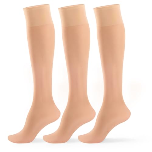 MANZI 3 Pairs Sheer Knee High Stockings for Women 15 Denier Ladies Nylon Knee Highs Trouser Socks One Size 3 Pairs Natural Nude