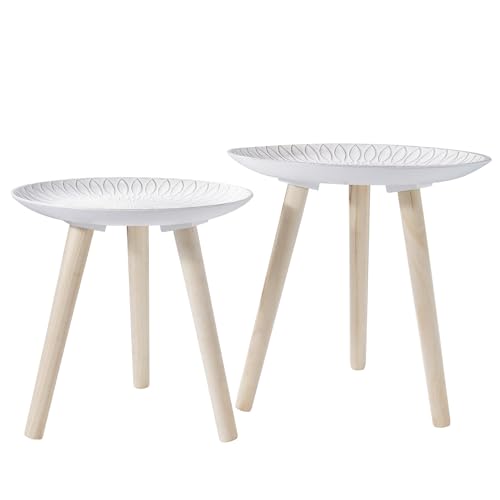 JUJOYBD - Juego de 2 mesas auxiliares pequeñas, redondas, de madera y con tres patas, para salón, dormitorio, balcón, blanco desgastado, 35 cm/40 cm
