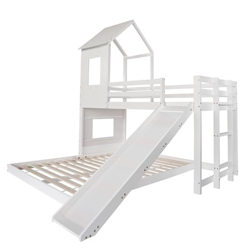 Litera con tobogán de pino macizo y MDF lacado con techo de cabaña 7