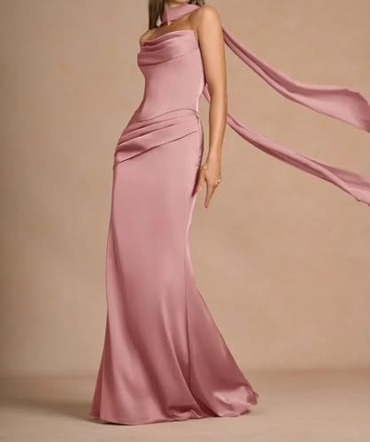 Bridesmaid Dresses Long for Women 2025 Satin Mermaid Strapless Pleated Formal Evening Party Gowns with Scarf3