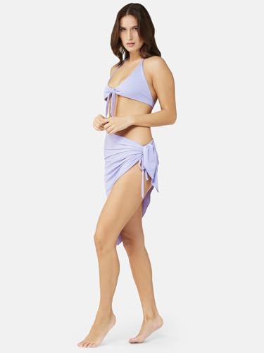 Image of ZeroKaata Stretchable Ribbed Bikini Set with Sarong Skirt for Women | 3 Piece Swimsuit & Beach Wear Set | Vacation, Resort Wear, Pool Party & Holiday Swimwear
