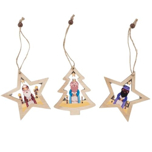 ROCKING GIFTS Set de x3 Adorno de Árbol Navidad Colgante Reyes Magos en Estrella de Madera, 3 Modelos Incluídos, Decoración Navideña, 10 cm