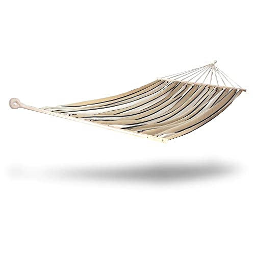 Beige Outdoor Hammock Size 48 Inches Wide X 84 Inches Long, Brazilian Style with Spreader Bars | All Season Cotton Blend Fabric, Hardwood Frame, Natural Matte Finish, Striped Pattern, Cozy & Durable