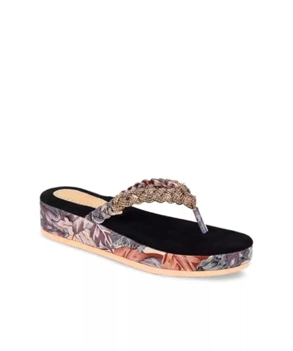 Image of ZAPATOZ Women's Floral Platform Sandals with Braided Gold Embellishment, Black Velvet Thong Slippers, Printed Sole Design