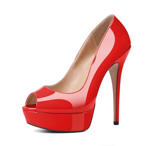 YODEKS Women's Peep Toe Platform Stiletto High Heel Pumps Thin Heel Dance Party Dress Shoes Patent Red 9.5 M US Size