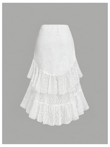 WDIRARA Women's Lace Drawstring Layered Ruffle Midi Skirt Ruched Asymmetrical High Low Skirt2