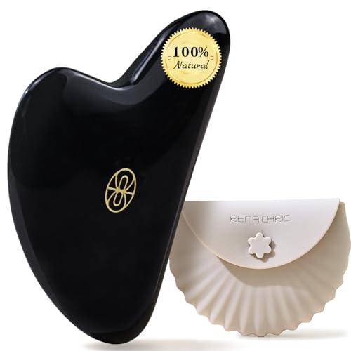 Image of Rena Chris Gua Sha Facial Tools, Black Obsidian Guasha Tool for Acupuncture, Manual Massage Tool for Jawline Sculpting and Puffiness Reducing, Gua Sha Facial Tool with Silicone Case (Onyx Black)