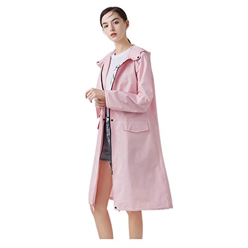 Freesmily Damen Stilvoller langer Regenmantel mit wasserdichter Regenjacke mit Kapuze (Rosa, L)