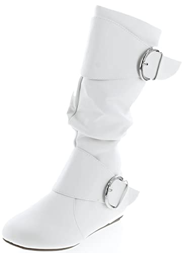 Forever Link Klein-70 Women's Closed Round Toe Buckle Slouch Flat Heel Mid-Calf Boot,White Pu,8