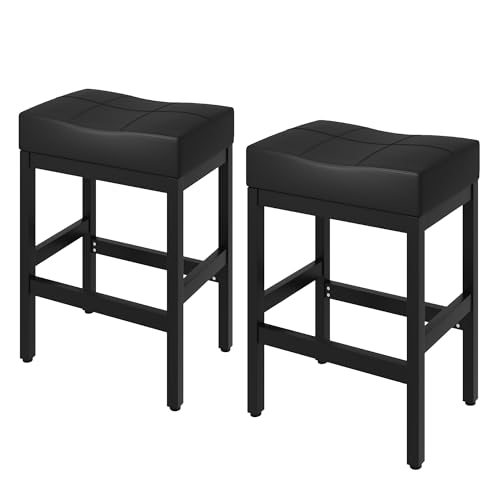 Butacos de bar negros BOSHIRO, juego de 2 sillas altas con superficie curva, asientos acolchados gruesos y reposapiés, sillas para desayuno en sala, cocina o bar miniatura 1