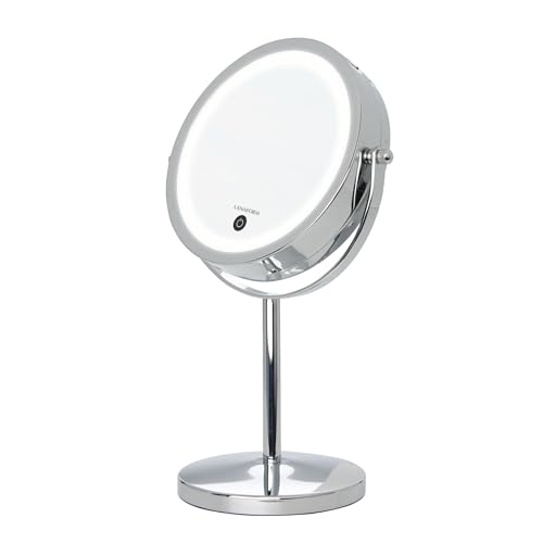Stand Mirror X10 - Specchio Da Parrucchiere A Libera Installazione - Specchio Per Il Trucco - Specchio Illuminato A Led - Effetto Di Ingrandimento X1/X10 - Specchio Bifacciale Girevole A 360°-image