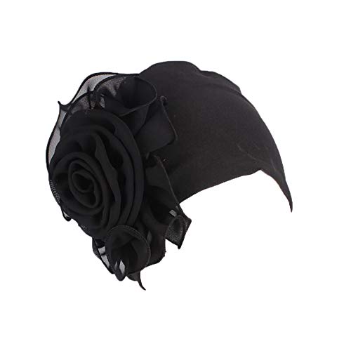 Pluto & Fox Casquettes Bonnets De Tissu Beanie avec Ornement Fleur Turban pour La Tête De Femme pour Cancer Chimio Chimiothérapie Oncologique Nuit Perte De Cheveux (Noir) Cover