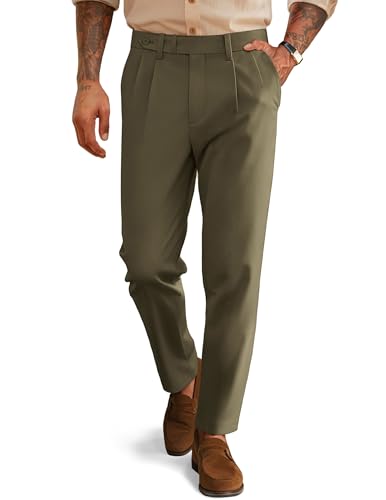 Men's Dress Pants Pleated Tapered Vintage Casual Pleated Trousers Comfort Extended Waist Slant Pockets Olive Green L