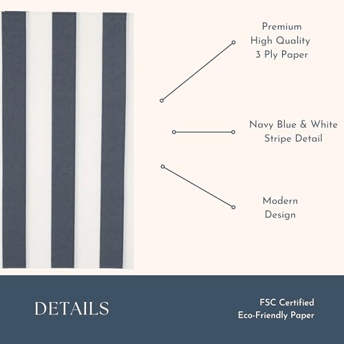Image of Bonjour Fete Navy Blue Cabana Stripe Guest Towels, Pack of 20, 4.25x7.75 inch | 3-ply, for holidays and kids' themed birthday parties