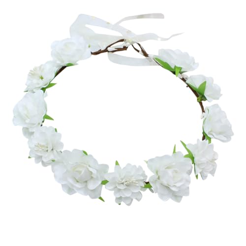 Bandeau de fleurs réglable pour mariée - Couronne de fleurs bohème - Couronne de cheveux pour mariage - Couronne de cheveux avec ruban pour femme et fille - Blanc