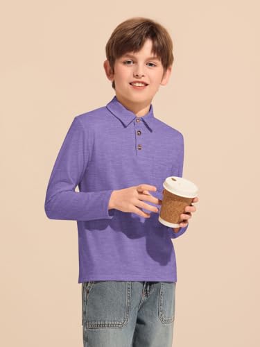 Image of Haloumoning Boys Long Sleeve Polo Shirts Kids Casual Button School Uniform Shirts with Chest Pocket 5-14 Years