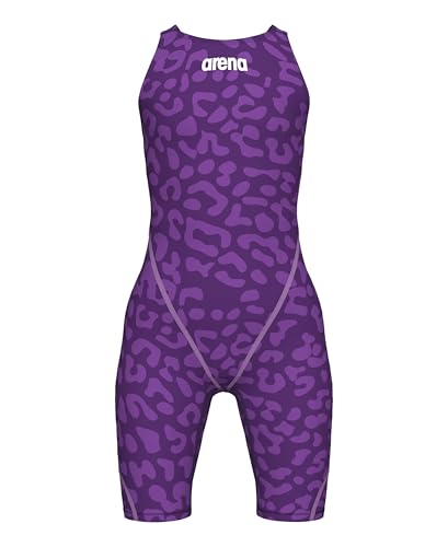 ARENA Powerskin ST Next Open Back Junior Girls' Competition Racing Swimsuit Full Body Short Leg Kneeskin One Piece Athletic Tech Suit, Leopard Violet, Size 22