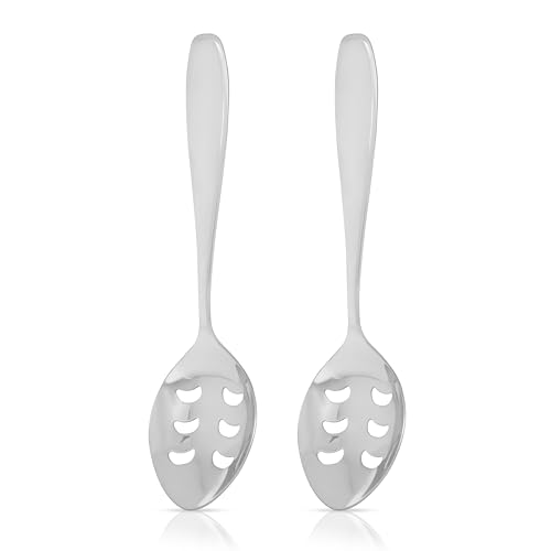 Image of Culinex Premium Stainless Steel 9.6 inch Oval Slotted Serving Spoon Set of 2 | All Purpose Kitchen Serving Spoon, Silver Rustproof Dishwasher Safe Kitchen Tools, Tableware By thinKitchen (Deluxe)