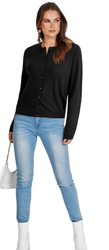 Image of LYANER Women's Striped Cardigan Crew Neck Button Down Open Front Long Sleeve Knit Cardigans Sweater