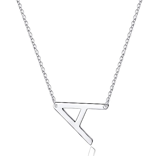 S925 Sterling Silver Sideways Initial Necklaces for Women, Dainty Hypoallergenic Sterling Silver Letter A-Z Pendant Necklace Silver Sideways Initial Letter Necklace for Women Girls Jewelry Gifts