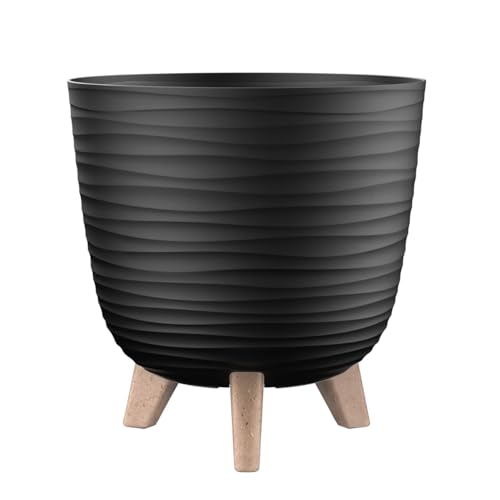 Engelland - 1 x Blumentopf mit Füßen & Bewässerungssystem, Schwarz, Ø 20 cm, Pflanzkübel, Übertopf, Wellenmuster, Innen- & Außenbereich, Drainagesystem & Wasserspeicher, rund, Kunststoff