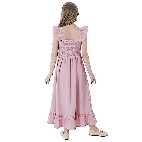 Girls Boho Smocked Maxi Dress - Summer Beach Casual Dress For Ages 8-9 Years Pink #TOP2
