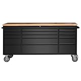 ExploreHorizon 72' Heavy-Duty Rolling Tool Chest & Garage Workbench with 15 Drawers, Steel Cabinet, Rubber Wood Top, Key Locking System, Drawer Liners, On Wheels for Warehouse Repair Shop, Black