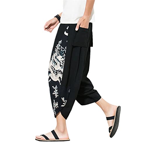 Pantalon sarouel d'été homme coton large imprimé vintage noir