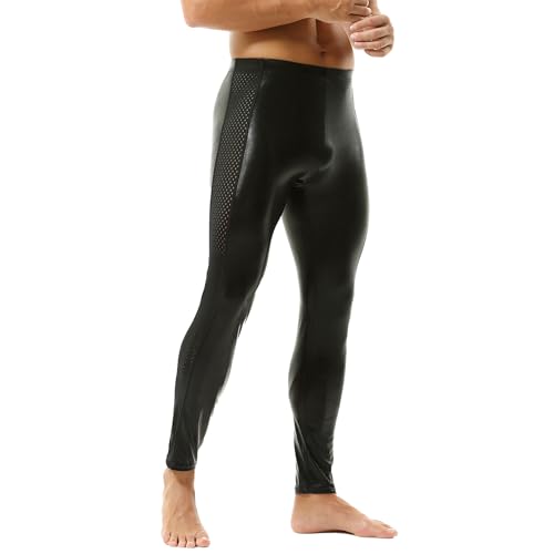 YOOBNG Leggings Actifs en Simili-Cuir pour Hommes - Pantalons Moulants Métallisés Tenue de Club