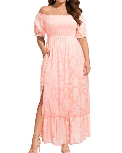 Image of Plus Size Summer Dresses Sun - Maxi Boho Casual Off Shoulder Floral Lace Long Dress with Pockets