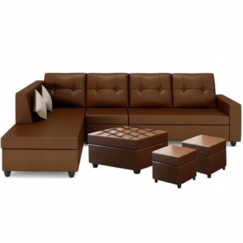 Image of FURNY Nathan 8 Seater Leatherette LHS L Shape Sofa Set with 1 Centre Table & 2 Puffy (Brown) Premium Finish | Durable Comfort | Ideal for Living Room