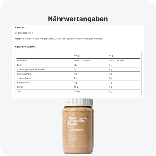Vilgain 100% BIO Erdnussbutter Pulver | Zuckerfrei mit 2x Weniger Kalorien | Ideal für Smoothies & Porridge | Reich an Eiweiß & Ballaststoffen | 46 kcal pro Portion (450g)
