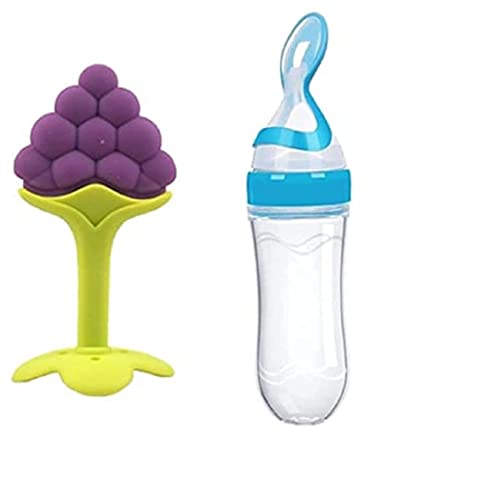 Image of BabyGo Silicone Squeeze Feeder & Food Dispensing Spoon Combo | Easy Grip Infant Feeding Bottle with Fruit Pacifier Nibbler & Baby Teether Chew Toy (Pack of 2, Multicolor)