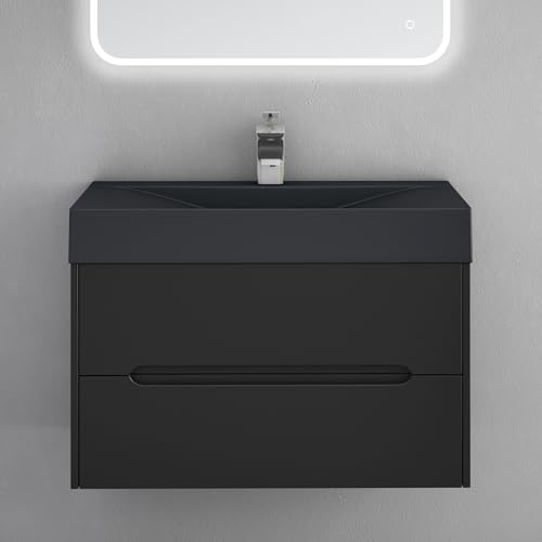doporro Meuble de Salle de Bain Suspendus Noir Mat 80x48x56cm Ensemble de 2 Pièces Meuble avec Lavabo Design Yoga-Lackier