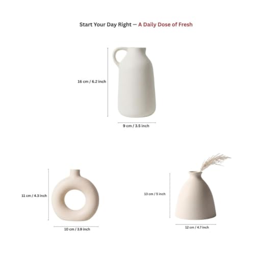 Image of Modern Ceramic Flower Vase Set of 3 | Nordic Donut & Jug Design Decorative Vases | Matte White Home Decor for Living Room, Table, Shelf, Office | Pampas & Dried Flower Vase