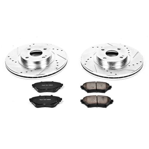 Image of PowerStop Front Brake Kit for Mazda Miata 2001-05 - Drilled and Slotted Disc Rotors with Carbon-Fiber Ceramic Brake Pads Replacement, K2353