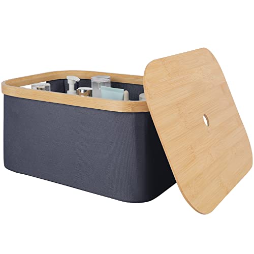 Anminy Storage Bin With Removable Bamboo Lid Handles Canvas Basket Box Stackable Lidded Closet Cabinet Shelf Cube Foldable Decorative Nursery Baby Kid Clothes Toys Organizer Container - Gray, Small #TOP22