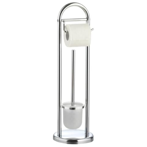 axentia Marino Freestanding Toilet Roll and Brush Set, Chromed Steel Toilet Brush and Paper Roll Holder Set, Round Base Bathroom Stand, approx. 18.5 x 18.5 x 64 cm, Silver Cover