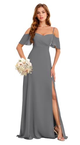 Image of Mermaid Bridesmaid Dress with Slit Flowy Chiffon Off The Shoulder Formal Evening Dress US4 Grey HGR93