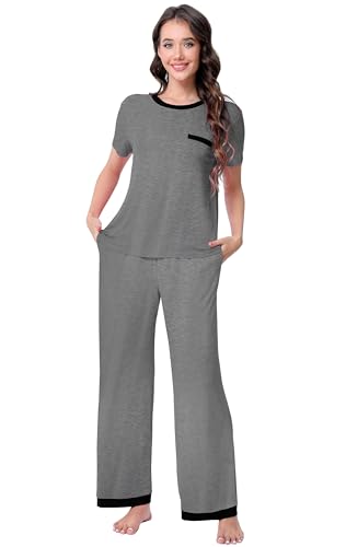 Soft Connection® Women’s Soft Viscose Blend Pyjama Set – Short Sleeve Top & Long Trousers with Pockets, Lightweight Stretchy Loungewear (UK, Alpha, L, Regular, Regular, Light Grey)