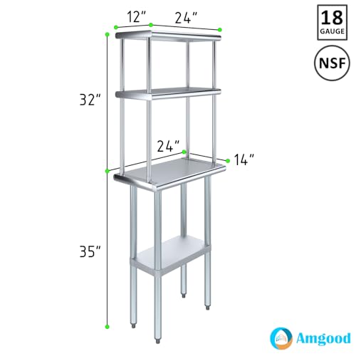 Image of AmGood Stainless Steel Work Table with 12 inch Wide Double Tier Overshelf | NSF (Stainless Steel Table with Double Overshelves, 24 inch Long x 14 inch Deep)