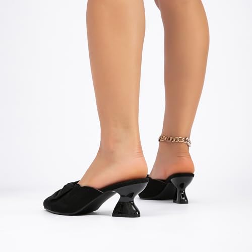 GATUXUS Women's Kitten Low Heels Bow Mules Sandals Pointed Toe Slides Backless Dress Summer Shoes Comfortable3