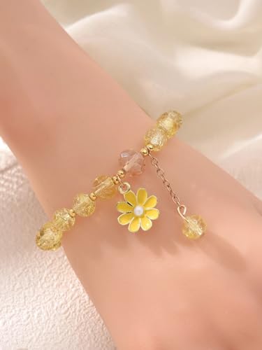 Image of El Regalo 1 PC Dailsy Flower Sparkly Crystal Beads Tassel Bracelet for Girls /Teens /Women- Cute Crackle Beads Daisy Flower Stretch Bracelet