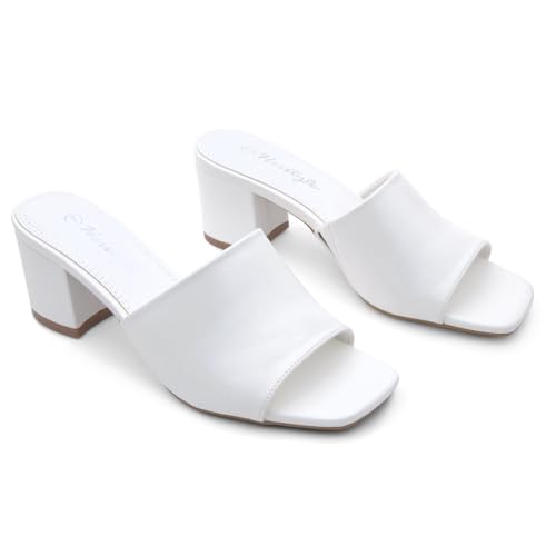 Image of Herstyle Square Open Toe Heeled Sandals for Women 2.5 Inch Low Block Chunky Heel Sandals Slip-On Mules Comfortable Dress Shoes for Party Wedding Office