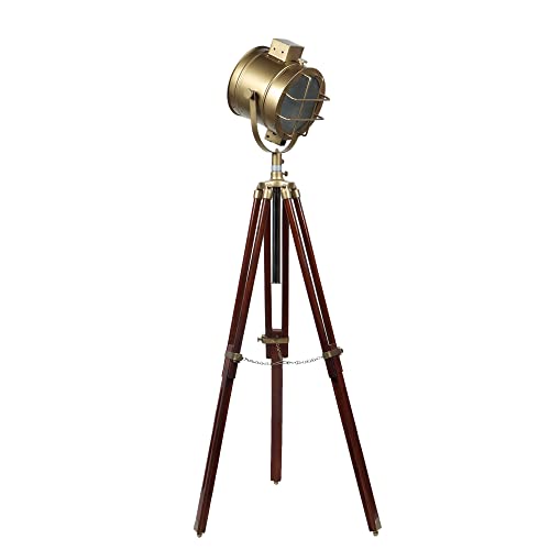 Image of Vintage Tripod Floor Lamp with Adjustable Spotlight Head | Brass & Wood Studio Floor Light for Living Room, Bedroom & Office - 52 Inches Tall (Vintage)