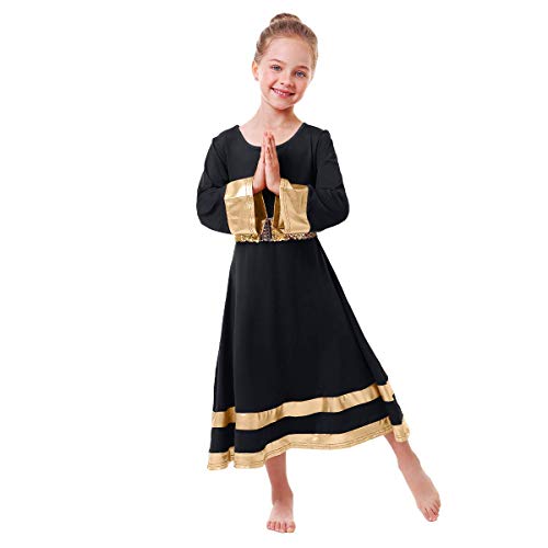Teen Girls Praise Robe Dance Cross Dress Long Bell Sleeve Liturgical Loose Fit Full Length Swing Worship Gown Skirt Black-Glod 9-10 Years