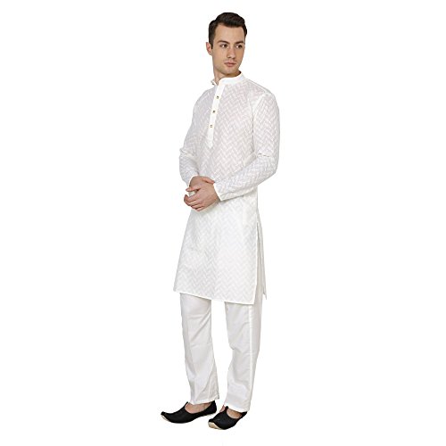 Image of Royal Kurta Men's Lucknowi Chikan Embroidered 100% Cotton Comfortable Kurta Churidar Pyjama Set