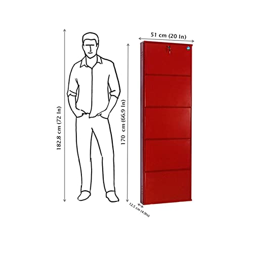 Image of DELITE KOM 20 Inch Wide, 5 Shelf Metal Shoe Rack Wall Mounted for Home with Central Lock | Holds Upto 12 Shoes or 20 Slippers Pair |1 Year Warranty | (67 x 20 x 5 Inch, Brick Red) DIY | Space Saving