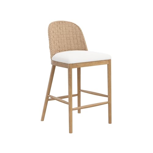 Image of Nathan James Rikki Seagrass Bar Stool with Back, 2-Pack Boucle Counter Stool with Upholstered Seat, Solid Wood Frame, and Woven Seagrass Backrest
